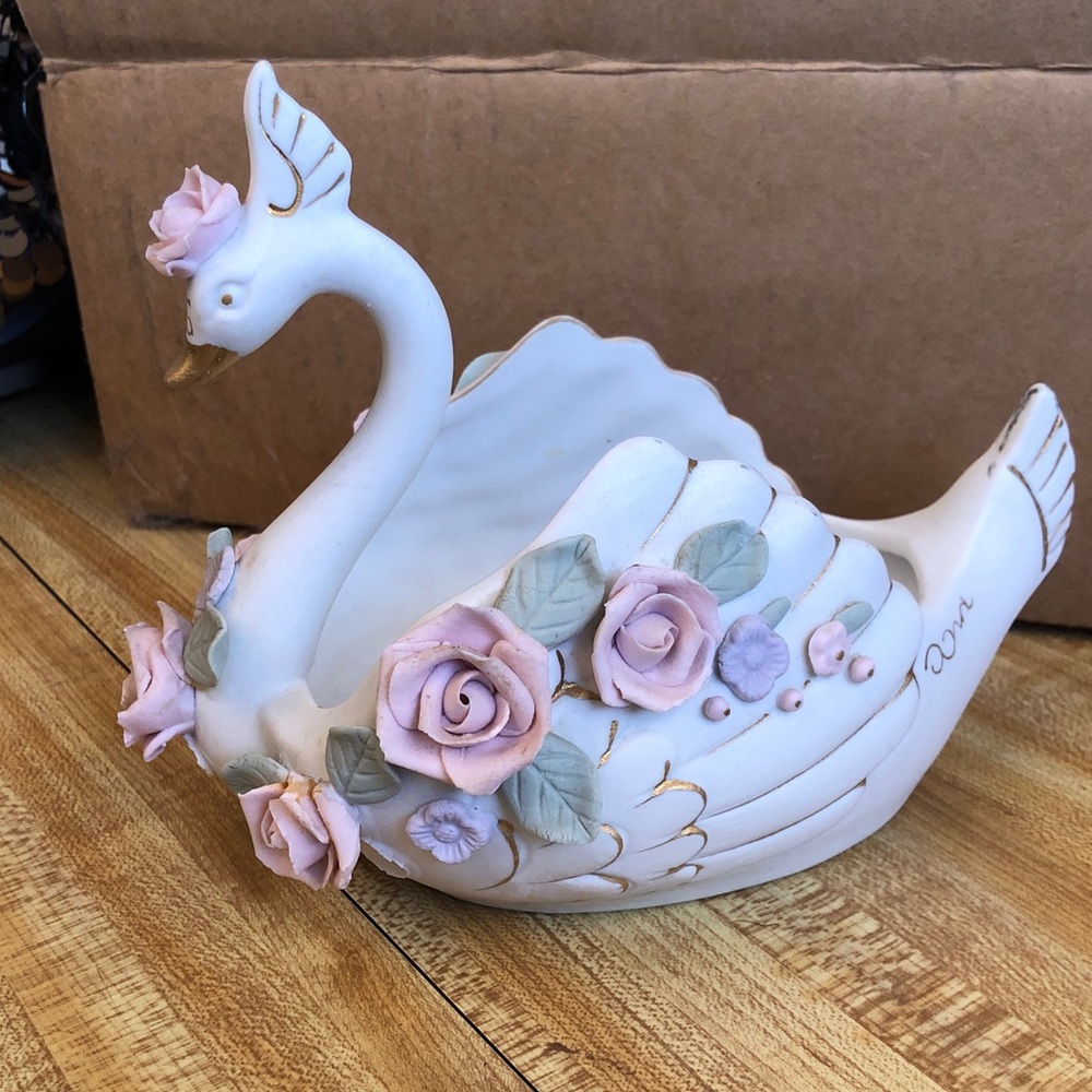 Lefton China Hand Painted Pink Swan Trinket Dish, Flowers & Gold Accents